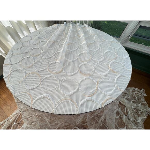 Vintage 70s pleated curtain, white, creamy orange groovy circles, sheer - Picture 5 of 10